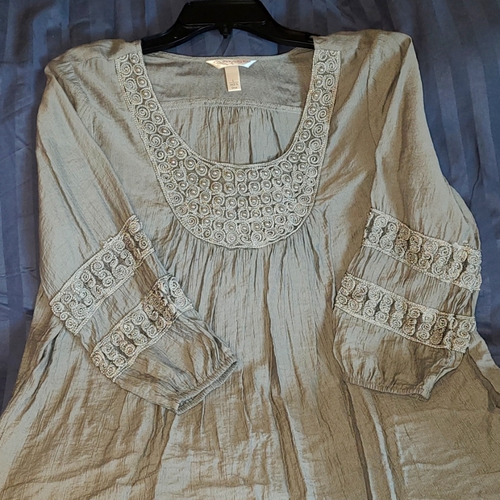 Krazy Kat Boho Peasant 3/4 Elastic Sleeve Pearl Blouse olive green  Sz L